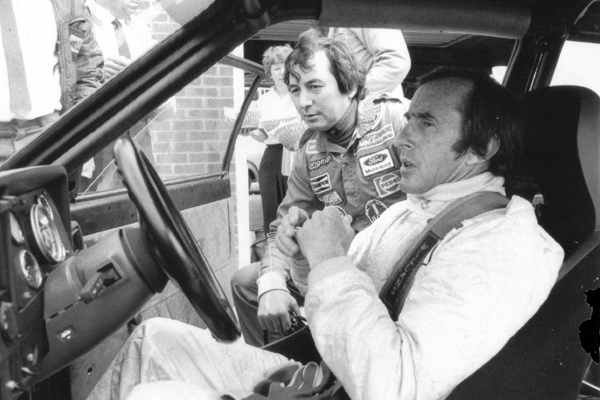 Sir Jackie Stewart with Richard Longman, Thruxton testing, Ford RS1600I, BTCC, Longman Racing Ltd.