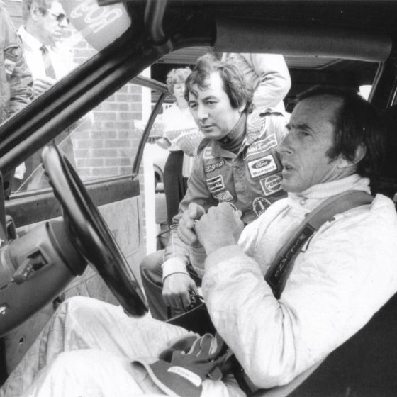 Sir Jackie Stewart with Richard Longman, Thruxton testing, Ford RS1600I, BTCC, Longman Racing Ltd.
